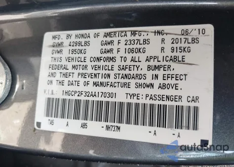 2010 Honda Accord 2.4 Lx из США, поврежденный, VIN 1HGCP2F32AA170301